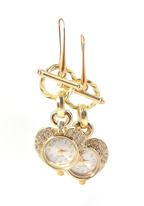 Gold Crystal Studded Heart Shape Quartz Watch Statement Earrings by KMganifiqueDesigns