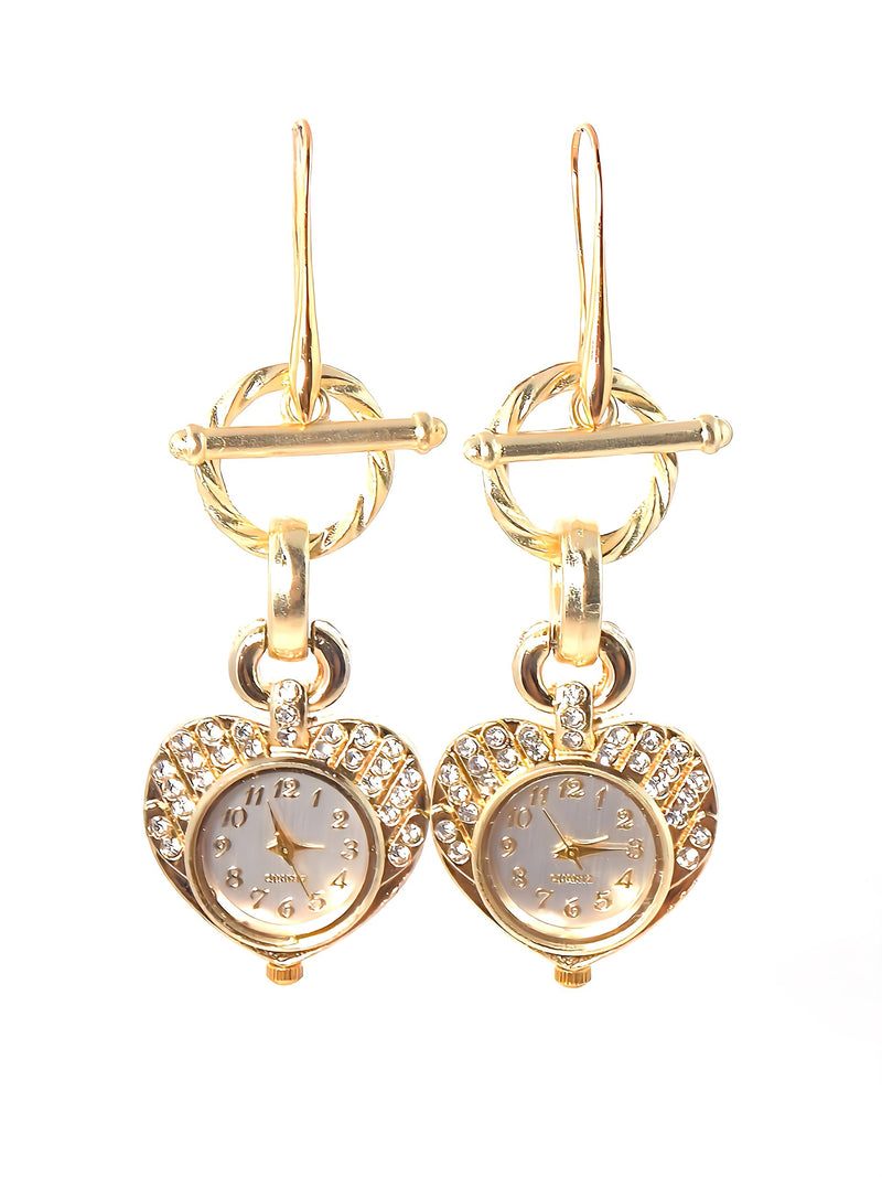 Gold Crystal Studded Heart Shape Quartz Watch Statement Earrings by KMganifiqueDesigns