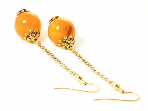Yellow Ball Drop Long Dangle Gold Chain Statement Earrings Clip On Optional