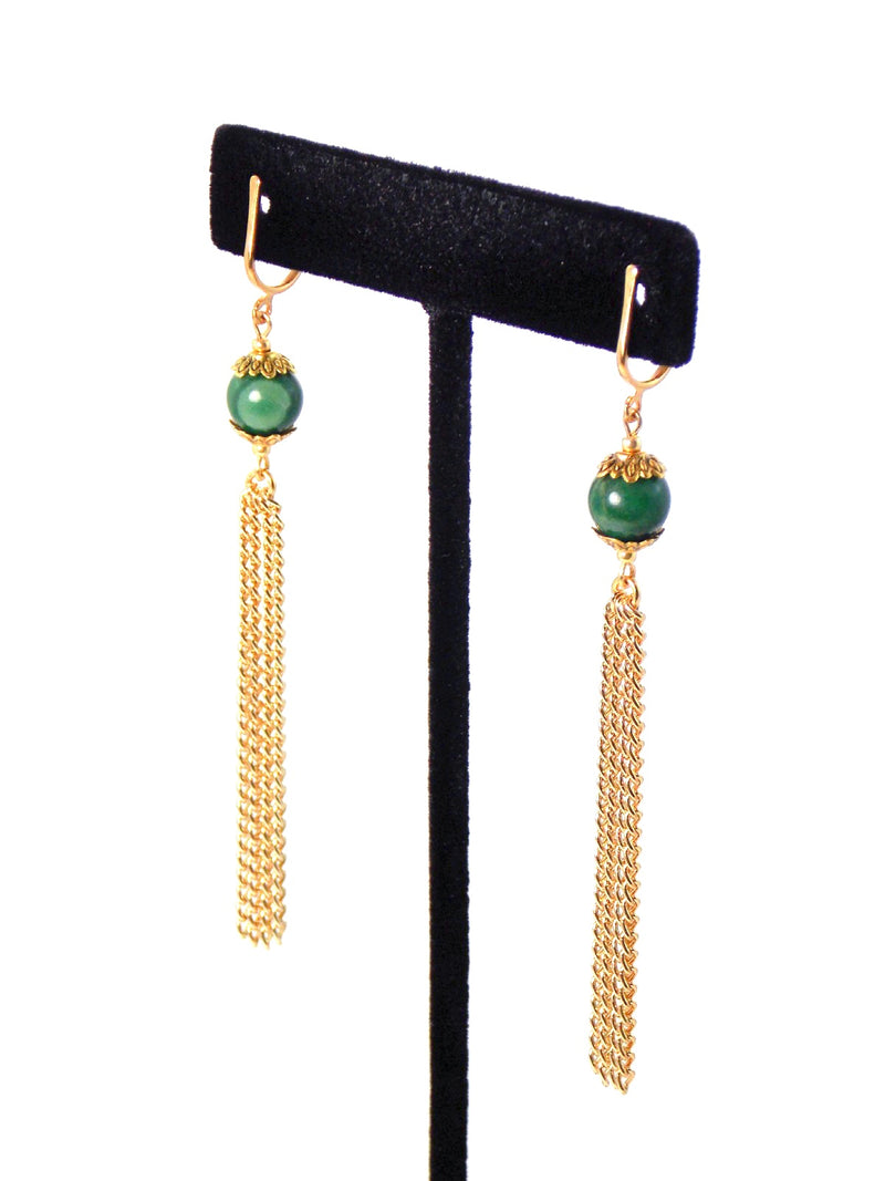 Green Verdite Stone Long Gold Dangle Tassel Chain Earrings Clip On Optional