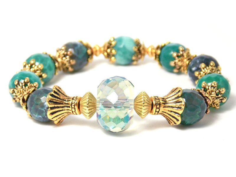 Green Agate Glass Faceted Elegant Gold Bracelet by KMagnifiqueDesigns