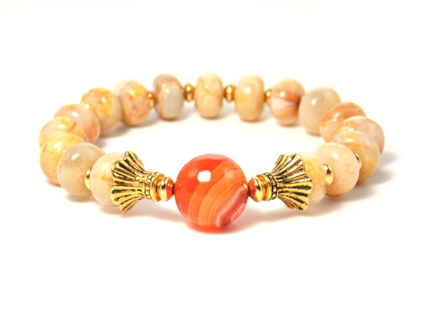 Semi precious Orange & Beige Agate Stone Gold Plated Beaded Stretch Bracelet