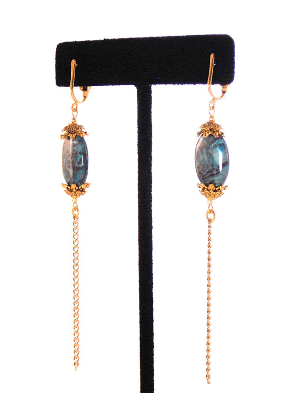 Semi Precious Blue Lace Agate Long Gold Dangle Statement Earrings Clip On Optional