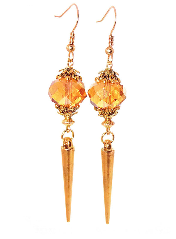 Glass Amber Gold Spike Long Dangle Statement Earrings Clip On Optional