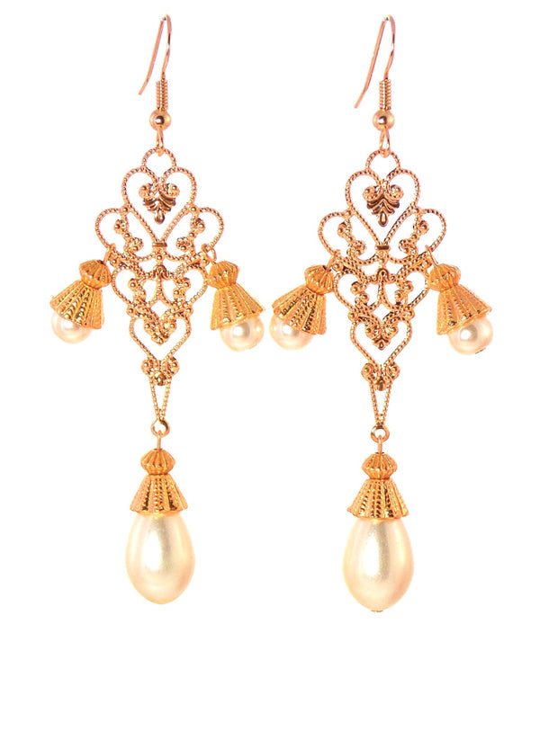 Large Gold Filigree Ivory Pearl Dangle Statement Earrings Clip On Optional