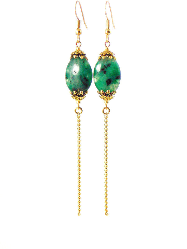 Green Semi Precious Stone Long Gold Dangle Chain Earrings Clip On Optional