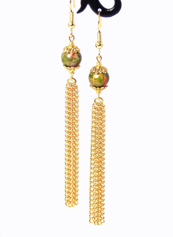 Green Semi Precious Stone Gold Dangle Long Tassel Earrings Clip On Optional
