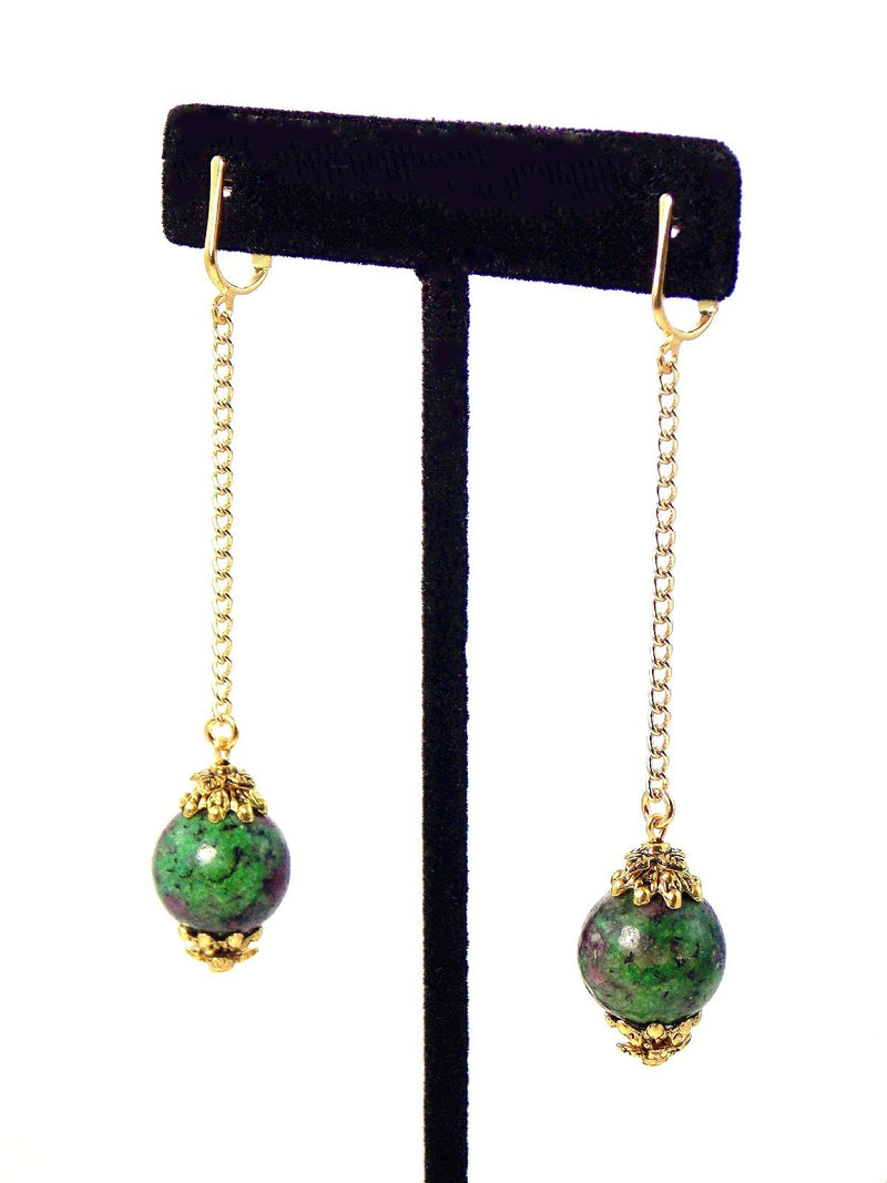 Semi Precious Green Ruby Zoisite Ball Drop Gold Dangle Statement Earrings Clip On Optional