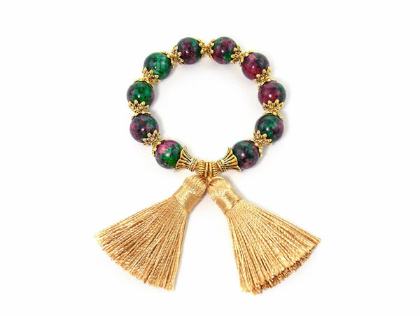 Green Ruby Zoisite Gold Tassel Stretch Gemstone Statement Bracelet
