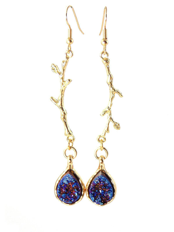 Blue Gold Druzy Crystal Quartz Statement Earrings