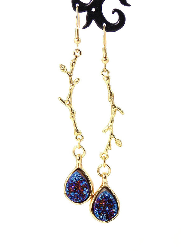 Blue Gold Druzy Crystal Quartz Statement Earrings