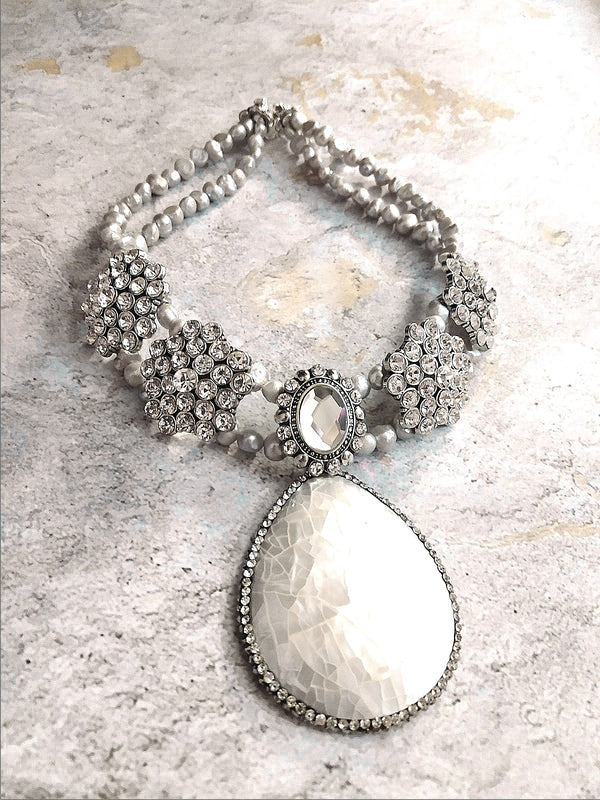 Gray Freshwater Pearl White Shell Pendant Statement Necklace by KMagnifiqueDesigns