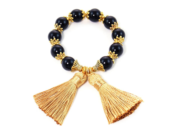Black Agate Gold Tassel Statement Bracelet by KMagnifiqueDesigns
