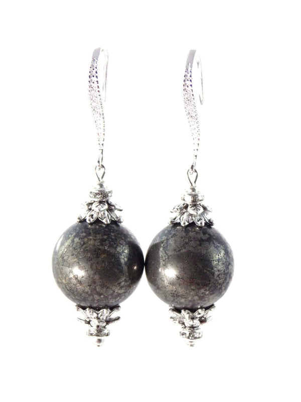 Pyrite Ball Drop Short Silver Statement Earrings by KMagnifiqueDesigns