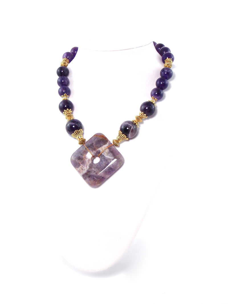 Amethyst Diamond Shape Pendent Gold Plated Statement Necklace by KMagnifiqueDesigns