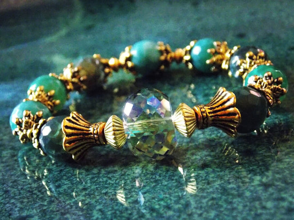 Green Agate Glass Faceted Elegant Gold Bracelet by KMagnifiqueDesigns