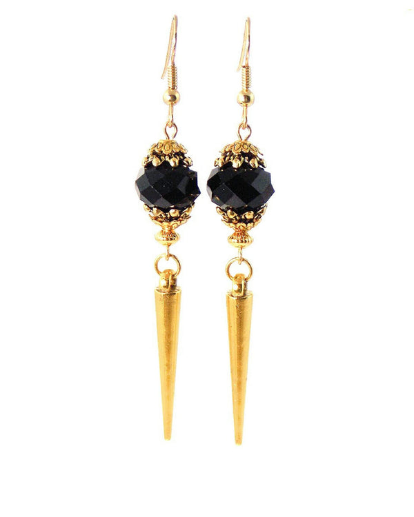 Black & Gold Glass Faceted Spike Dangle Statement Earrings by KMagnifiqueDesigns