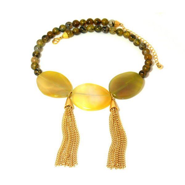Green Agate Stone Gold Tassel Bib Statement Necklace