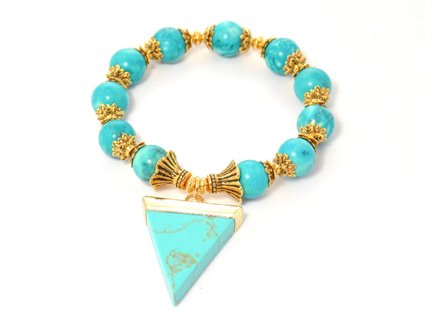 Blue Turquoise Howlite Stone Gold Plated Stretch Dangle Pendant Statement Bracelet