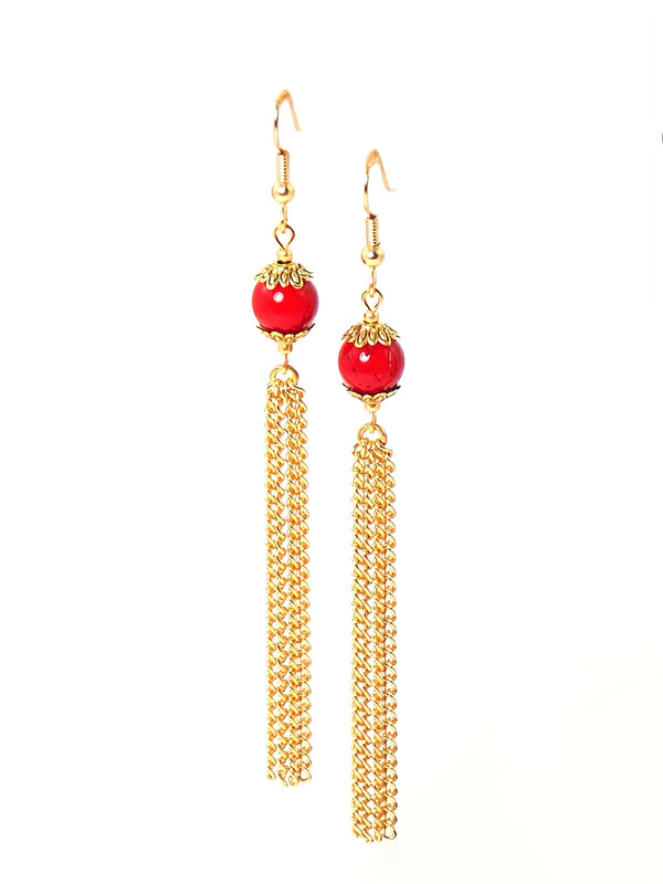 Red Semi Precious Gold Tassel Dangle Chain Earrings Clip On Optional