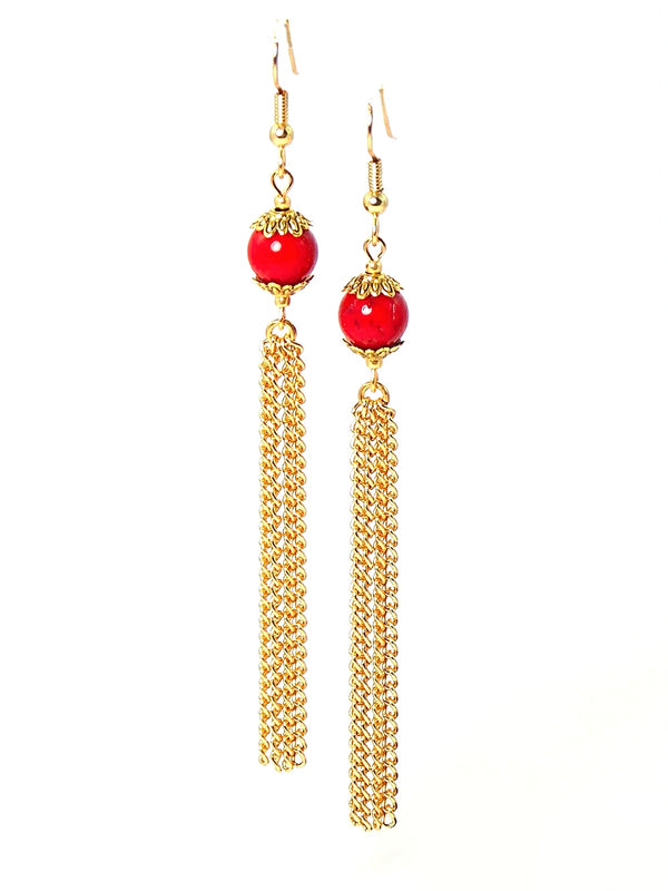 Red Semi Precious Gold Tassel Dangle Chain Earrings Clip On Optional