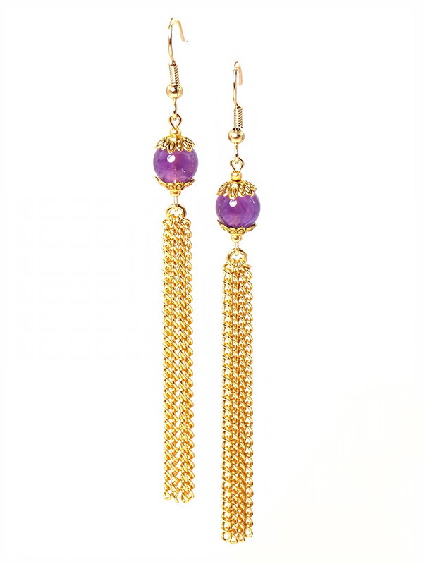 Purple Amethyst Gold Tassel Dangle Chain Earrings Clip On Optional
