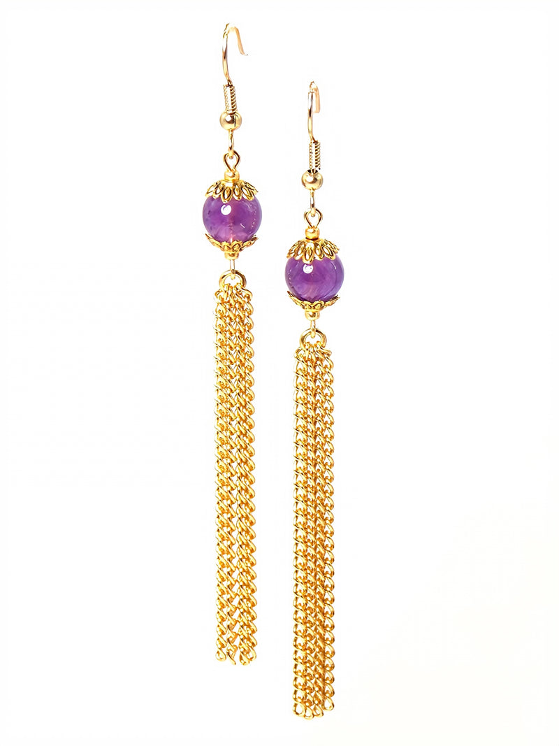 Purple Amethyst Gold Tassel Dangle Chain Earrings Clip On Optional