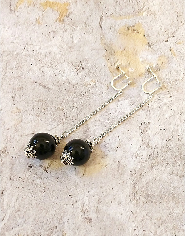Custom Order: Black Onyx Long Ball Drop Silver Chain Clip On Optional Earrings - KMagnifiqueDesigns