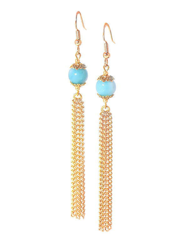 Light Blue Amazonite Gold Tassel Chain Clip On Optional Dangle Earrings