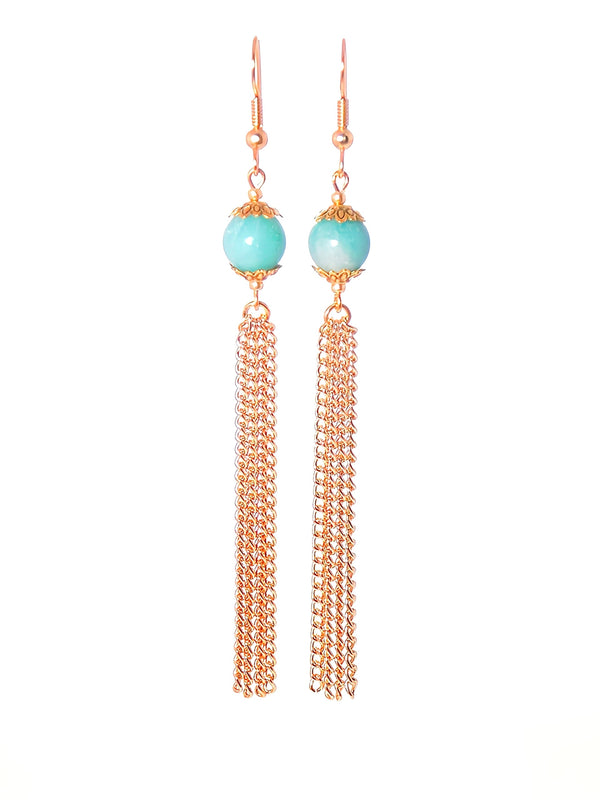 Light Blue Amazonite Gold Tassel Chain Clip On Optional Dangle Earrings