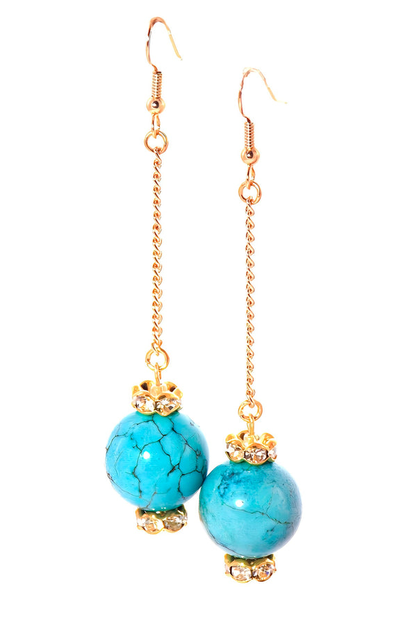 Blue Turquoise Gold Dangle Ball Drop Clip On Optional Crystal Statement Earrings - KMagnifiqueDesigns
