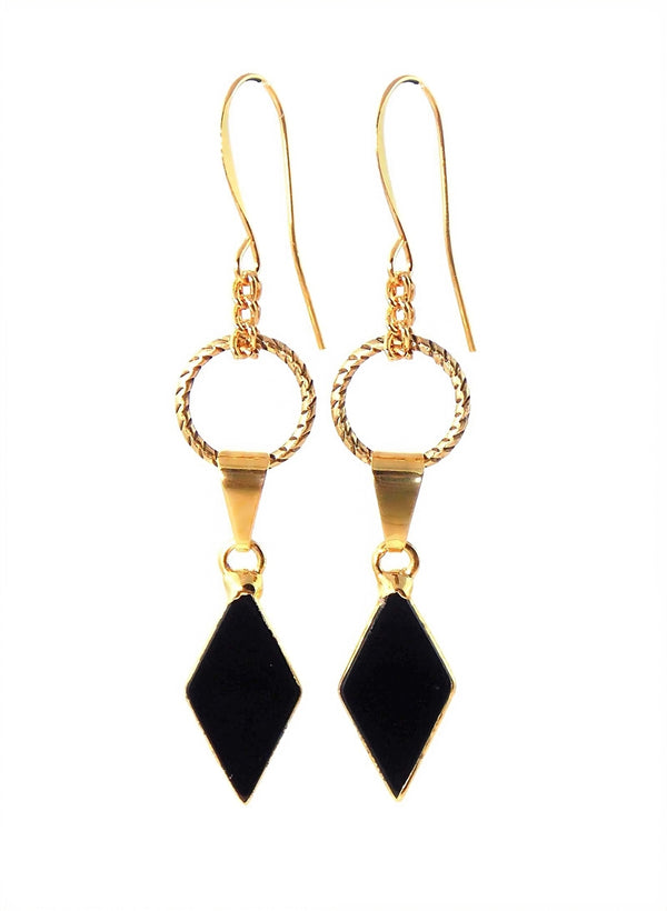 Black Agate Art Deco Diamond Shape Gold Statement Earrings by KMagnifiqueDesigns