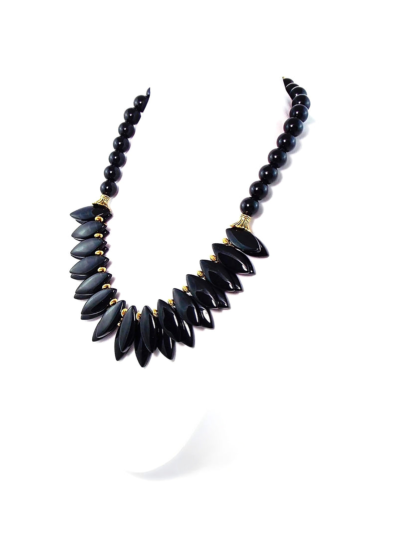 Black Agate Glass Oval Spike Gold Bib Statement Necklace by KMagnifiqueDesigns