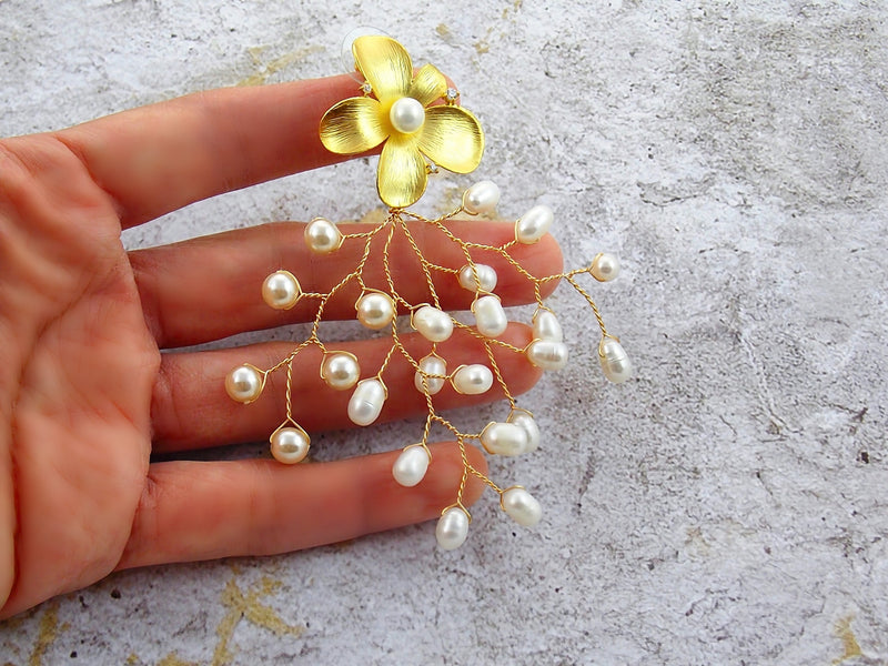 Gold Orchid White Cream Freshwater Pearl Crystal Statement Earrings by KMagnifiqueDesigns