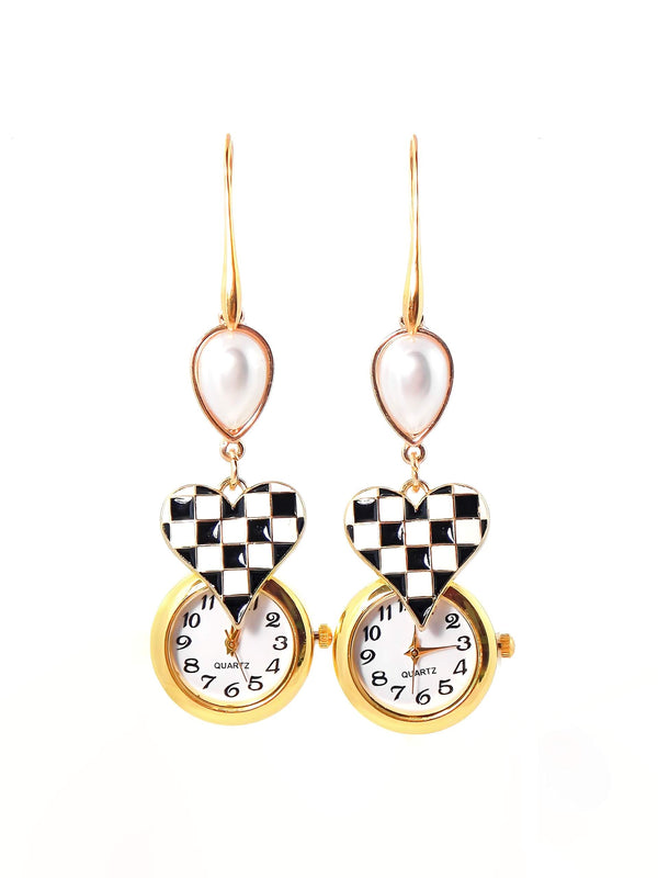 Black & White Checkered Heart Gold Pearl Quartz Watch Statement Earrings by KMagnifiqueDesigns