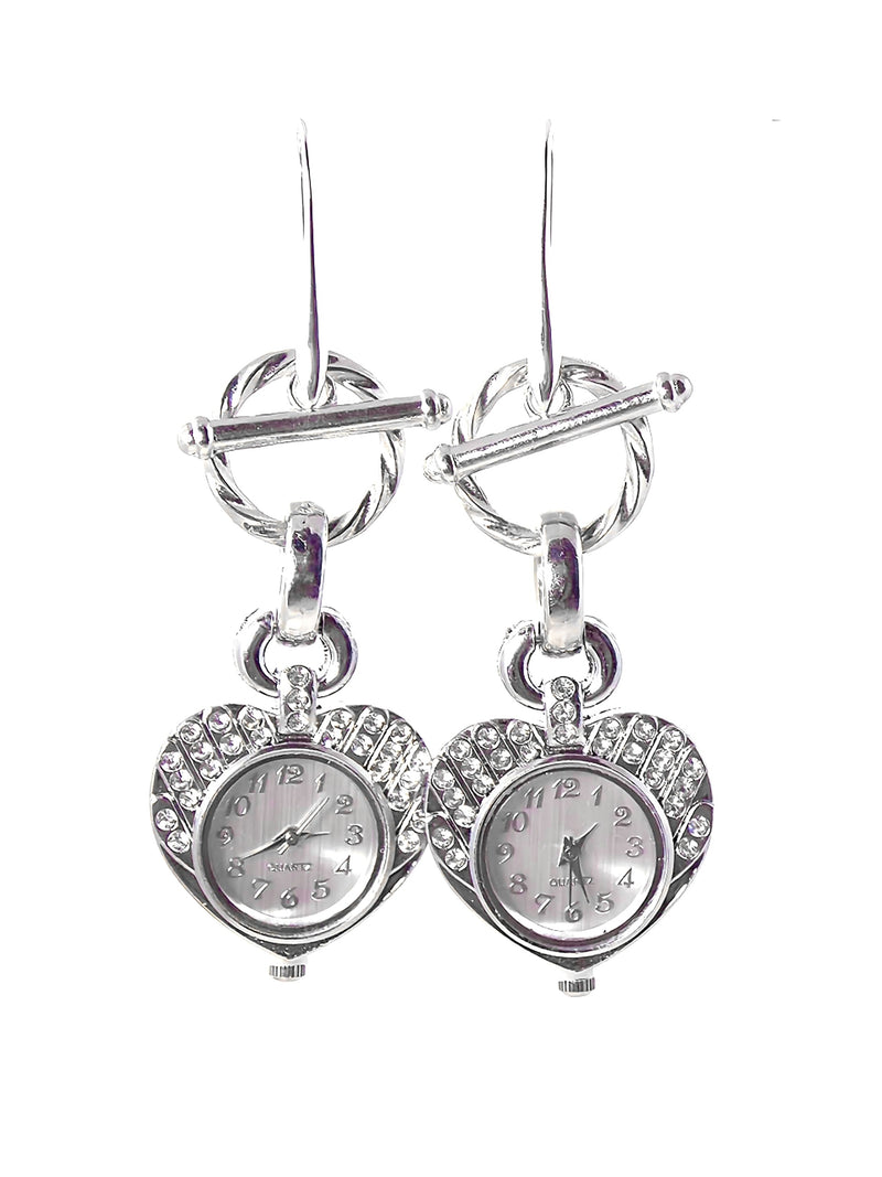 Silver Crystal Studded Heart Shape Quartz Watch Clock Statement Earrings by Kmagnifiquedesigns