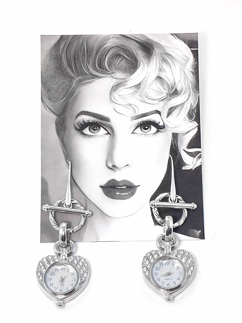 Silver Crystal Studded Heart Shape Quartz Watch Clock Statement Earrings by Kmagnifiquedesigns