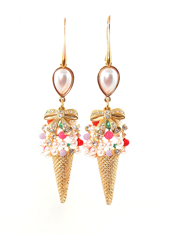 Crystal Ice Cream Cone Gold Pearl Pendant Statement Earrings by KMagnifiqueDesigns 