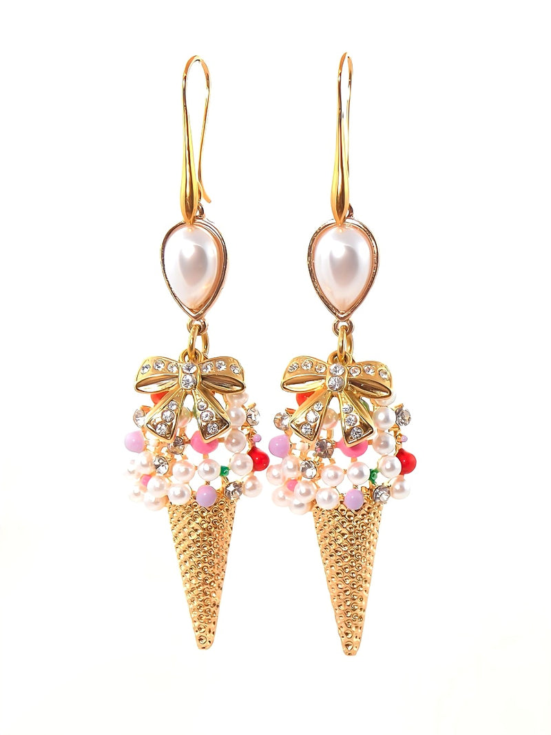 Crystal Ice Cream Cone Gold Pearl Pendant Statement Earrings by KMagnifiqueDesigns 