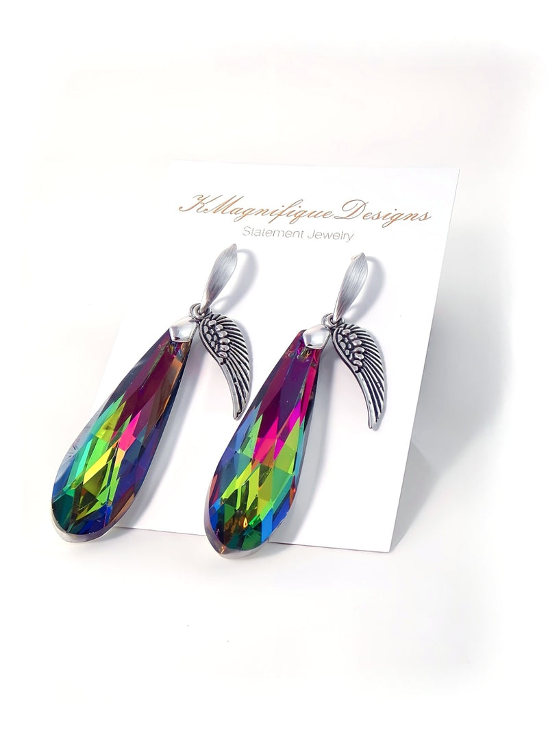Multicolor Glass Faceted Teardrop Pendant Silver Statement Earrings by KMagnifiqueDesigns