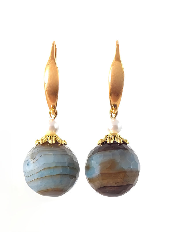 Blue Brown Agate Stone White Pearl Ball Drop Gold Statement Earrings by KMagnifiqueDesigns