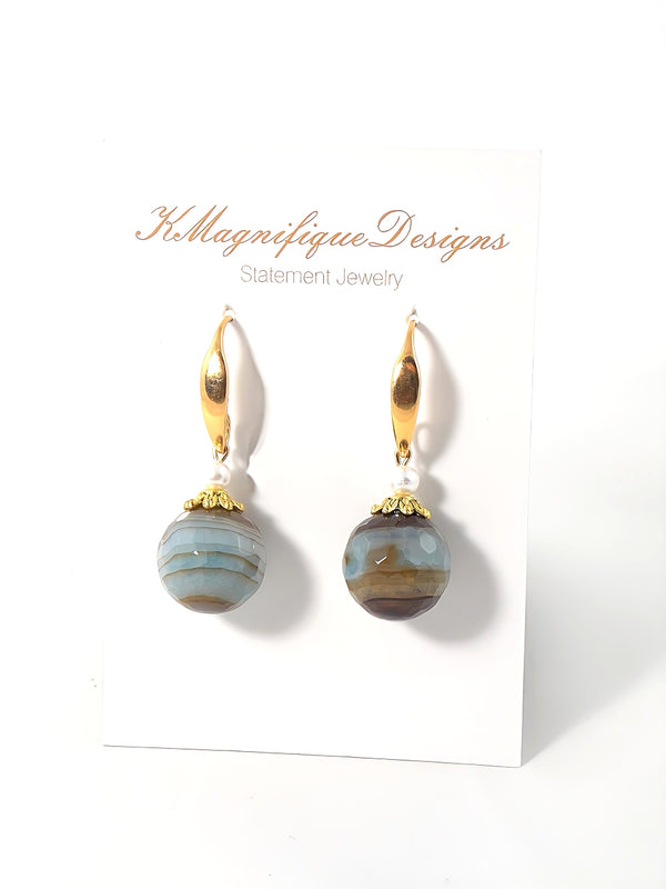 Blue Brown Agate Stone White Pearl Ball Drop Gold Statement Earrings by KMagnifiqueDesigns