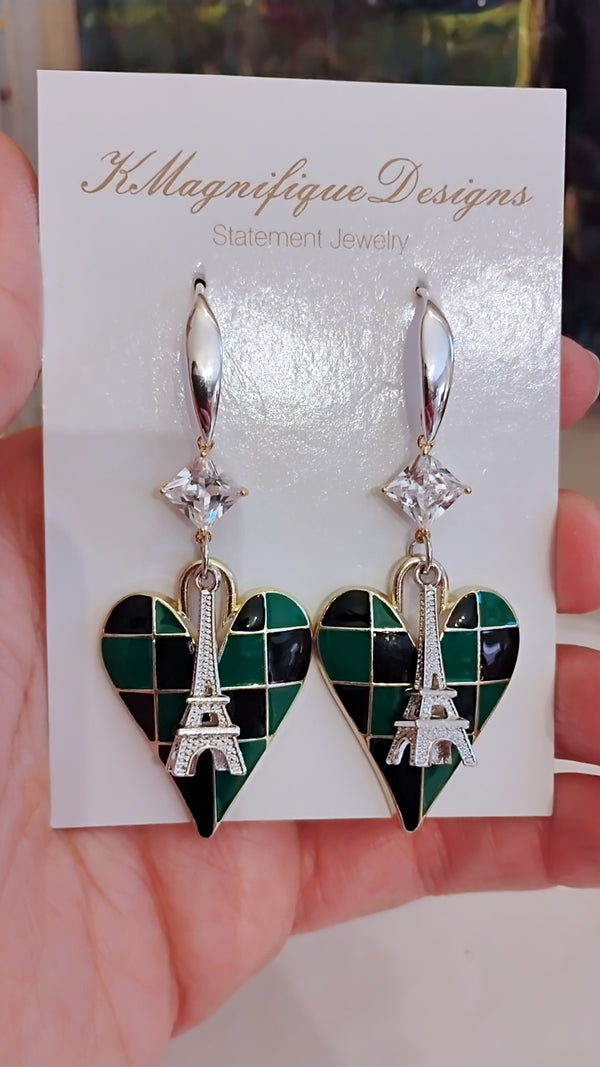 Green & Black Checkered Heart Silver & Gold Crystal Zircon Eiffel Tower Statement Earrings by KMagnifiqueDesigns