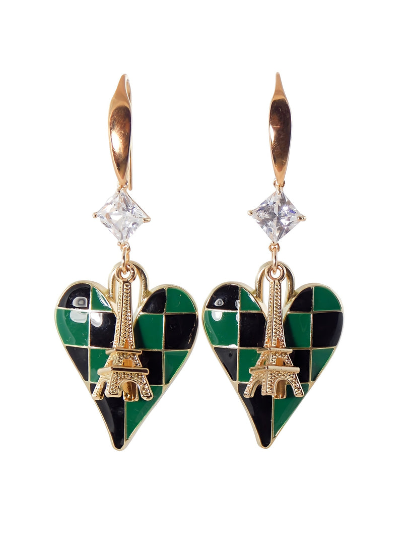 Green & Black Checkered Heart Gold Crystal Zircon Eiffel Tower Statement Earrings by KMagnifiqueDesigns