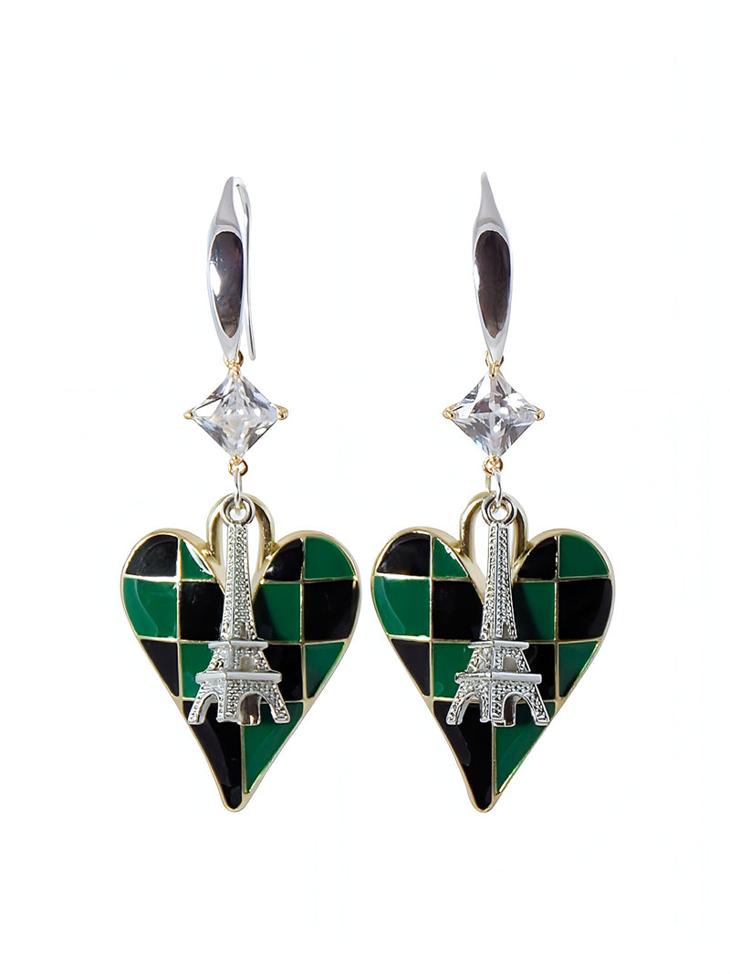 Green & Black Checkered Heart Silver & Gold Crystal Zircon Eiffel Tower Statement Earrings by KMagnifiqueDesigns