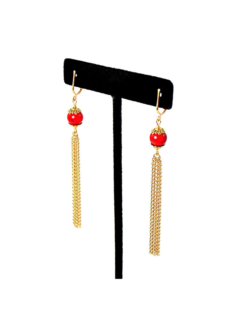 Semi Precious Coral Red Gold Tassel Chain Dangle Earrings Clip On Optional