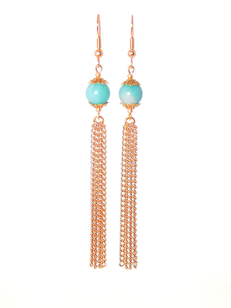 Light Blue Amazonite Gold Tassel Chain Clip On Optional Dangle Earrings