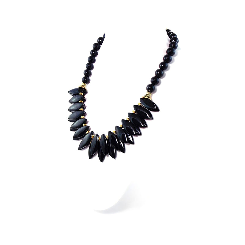 Black Agate Glass Oval Spike Gold Bib Statement Necklace by KMagnifiqueDesigns