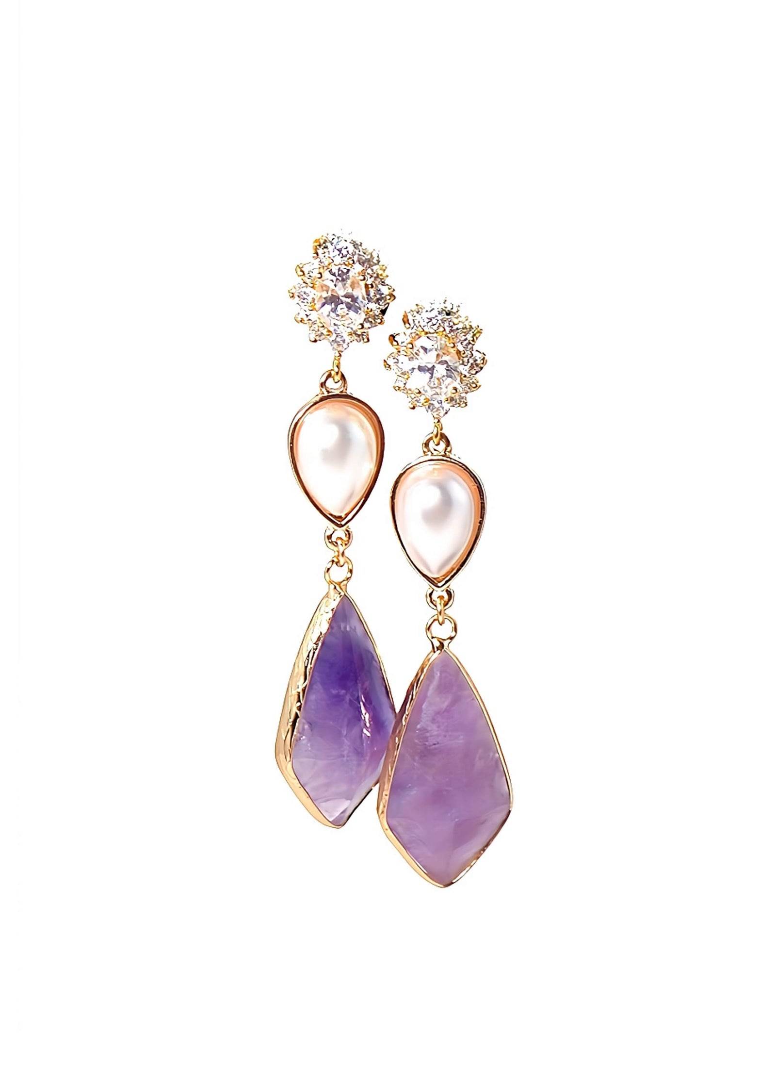 DreamyMagic　0330 Amethyst Gold Pearl Crystal Cubic Zirconia Long Drop Dangle