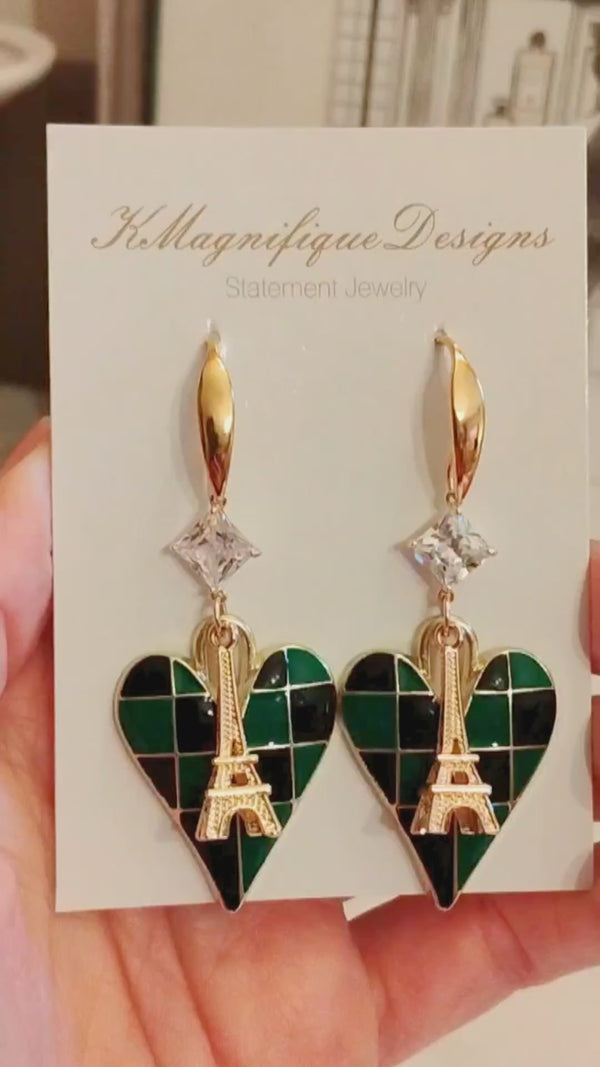 Green & Black Checkered Heart Gold Crystal Zircon Eiffel Tower Statement Earrings by KMagnifiqueDesigns